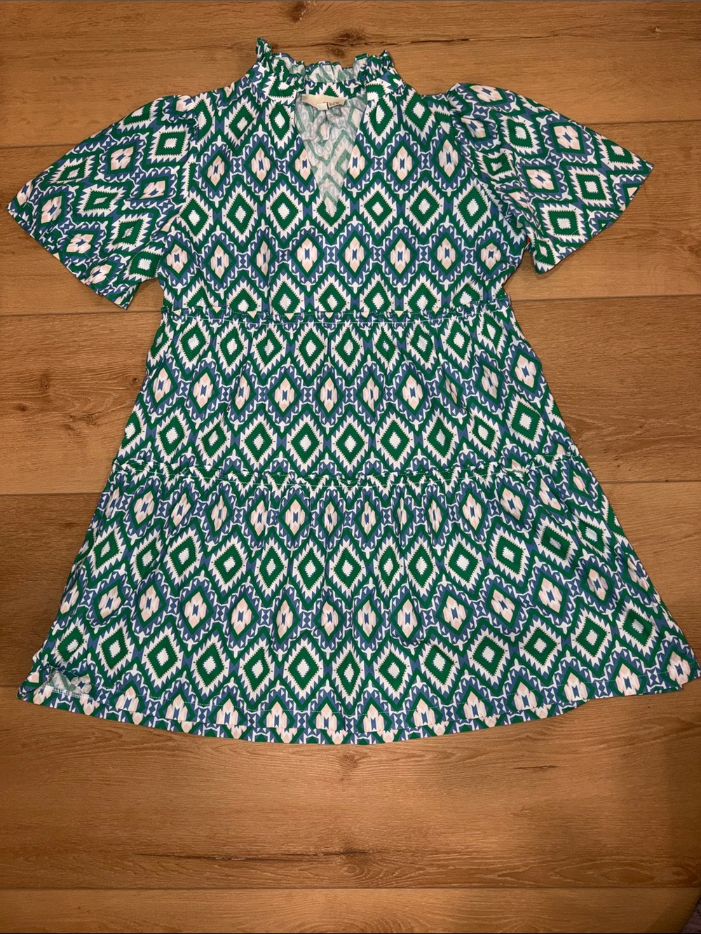 Pinch Blue & Green Diamond Aztec Cotton Short Sleeve Dress